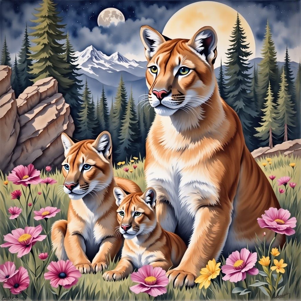 Mountain Lion Mother in Pastel Hues Amidst Wildflowers