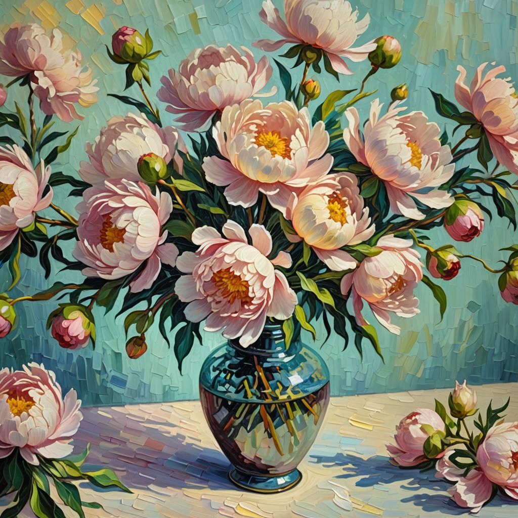 Impasto Neo-Impressionist Vase of Peonies in Soft Sunlight