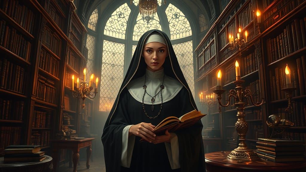 Steampunk Nun Amidst Victorian-Era Literary Treasures in Gol...