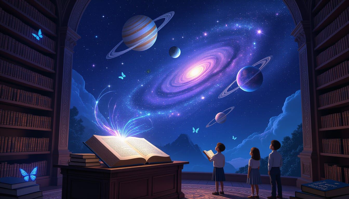 Magical Library Night Scene With Glowing Book and Constellat...