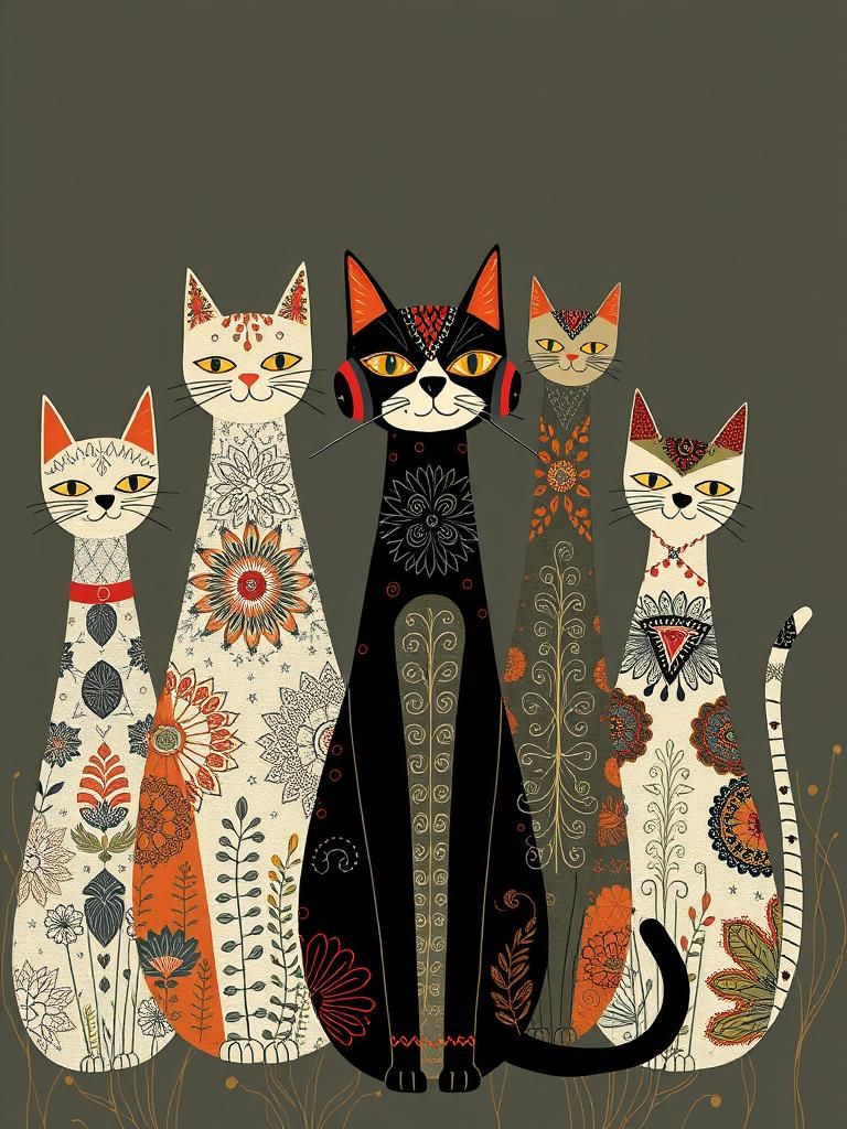 Whimsical Felines in a Vibrant Composition