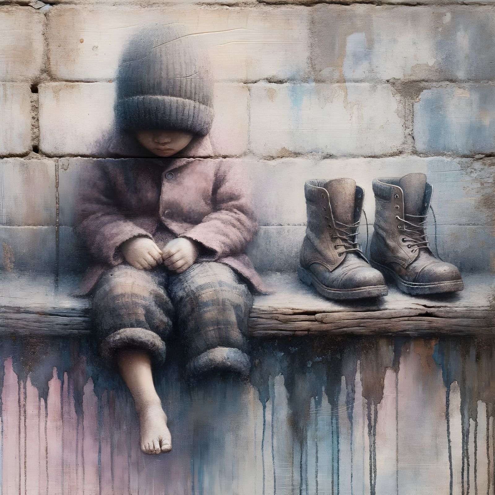 Solitary Child with Alien Face Sits on Sidewalk