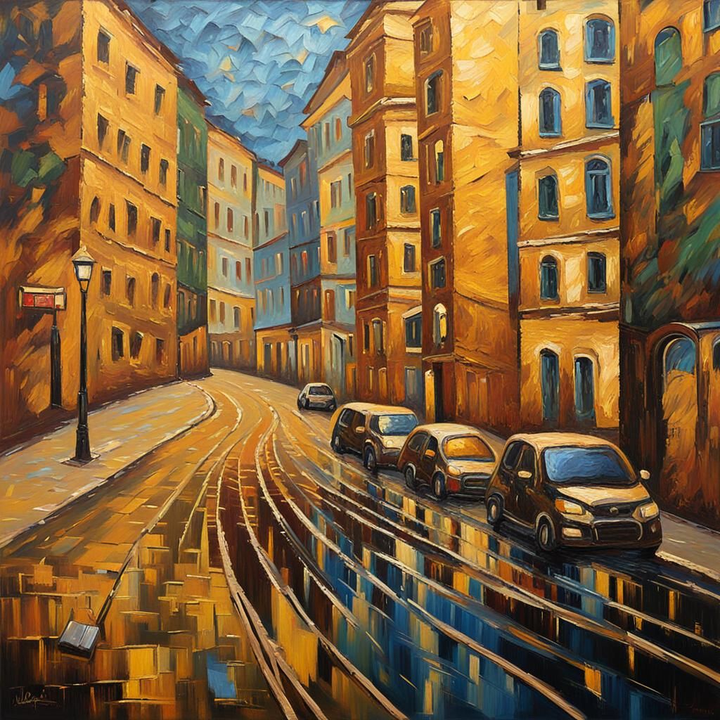 Streets of Golden Aesthetic in Neo-Impressionist Oil Paintin...