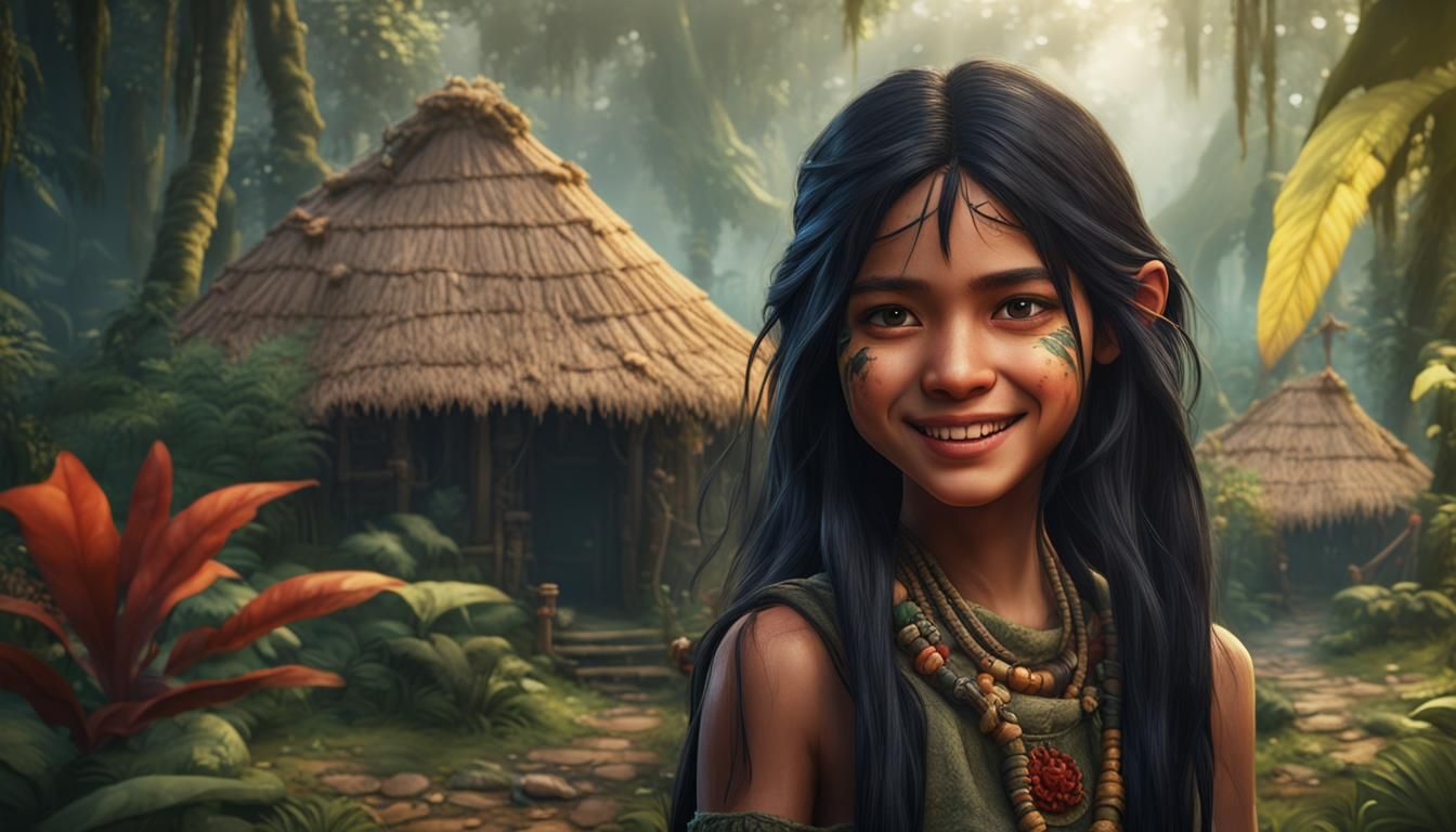 Vibrant Jungle Girl Confronts Ancient Ruins in Fantasy Scene