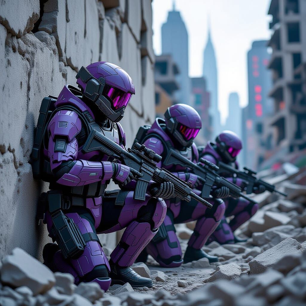 Futuristic Troopers in Ruined Cityscape, Sci-Fi Art