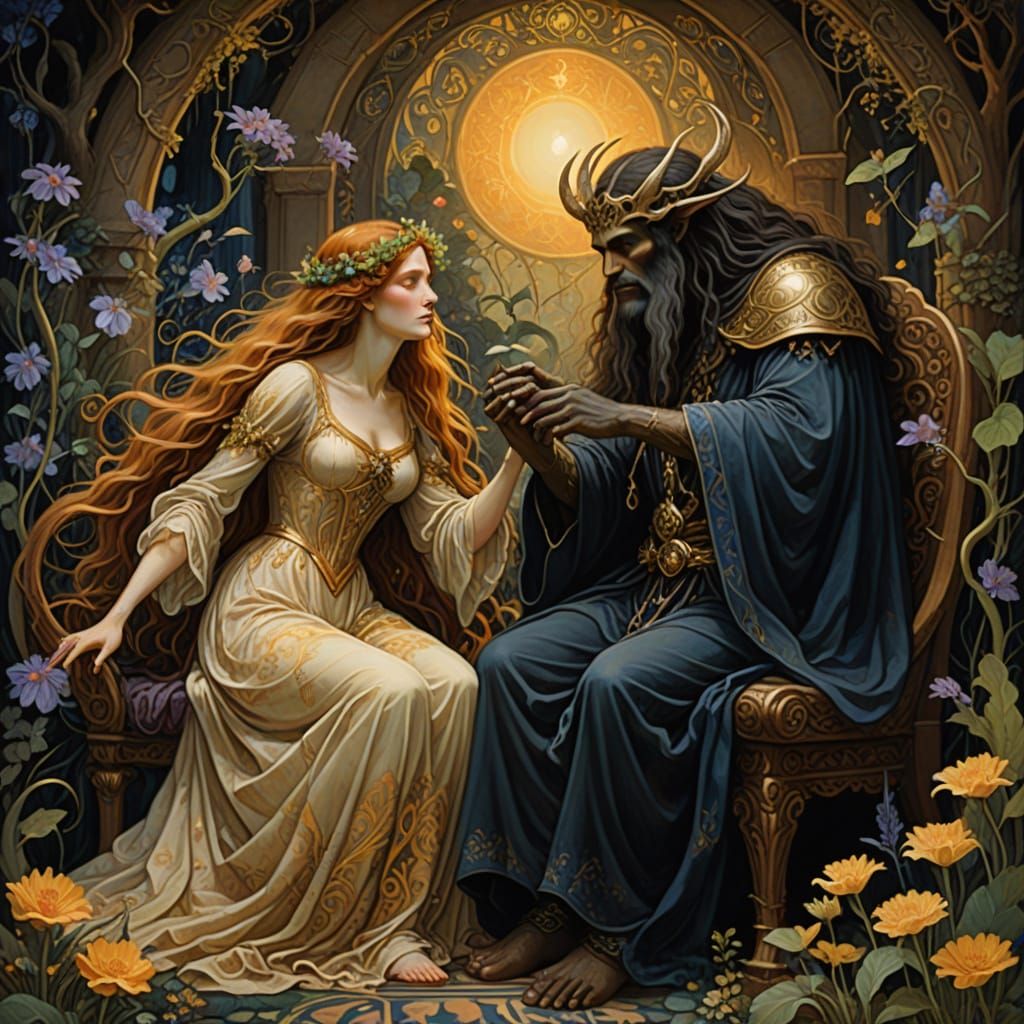 Dark Giant on Throne: Pre-Raphaelite Fantasy Painting