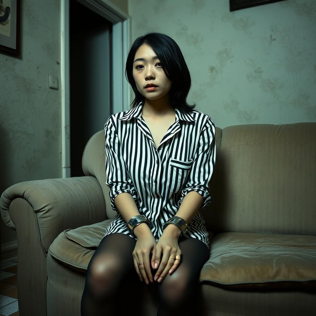 Subdued Asian Woman in Gritty Domestic Detention