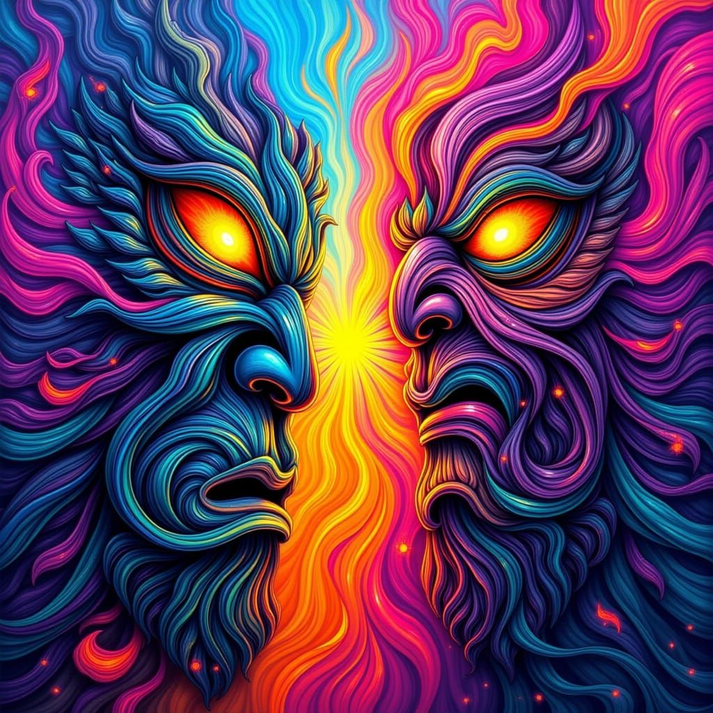 Tiki Figures Amidst Explosive Color Swirls in Abstract Expre...