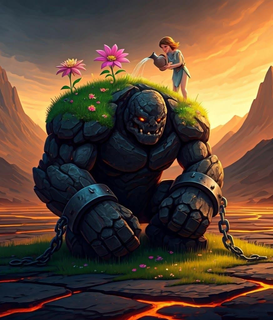 Majestic Magic Scene: Golems and Blooming Flowers