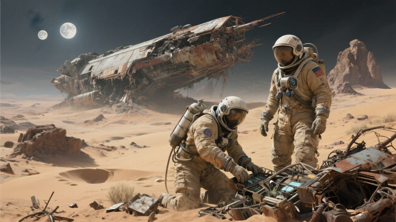 Astronauts Salvaging Ancient Spaceship on Desert Planet