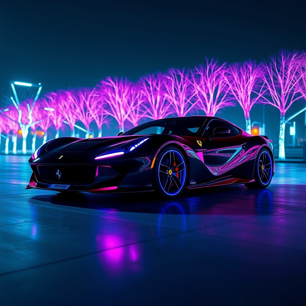 Futuristic Ferrari Daytona SP3 in Cyberpunk Cityscape