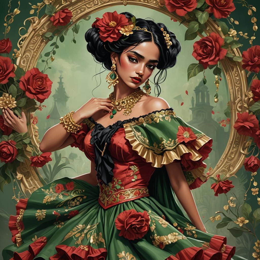 Surreal Flamenco Dancer in Vibrant Red and Gold