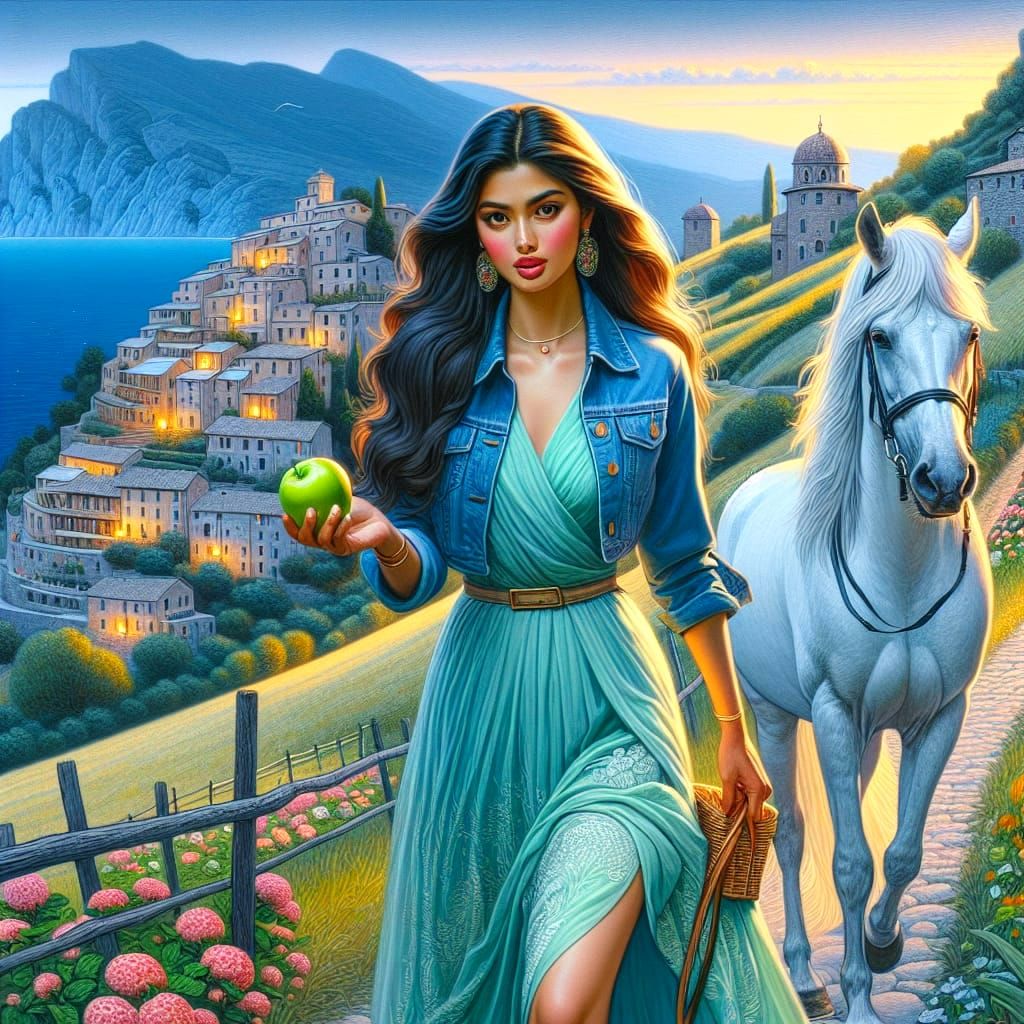 Ethereal Mediterranean Twilight Portrait in Vibrant Colors