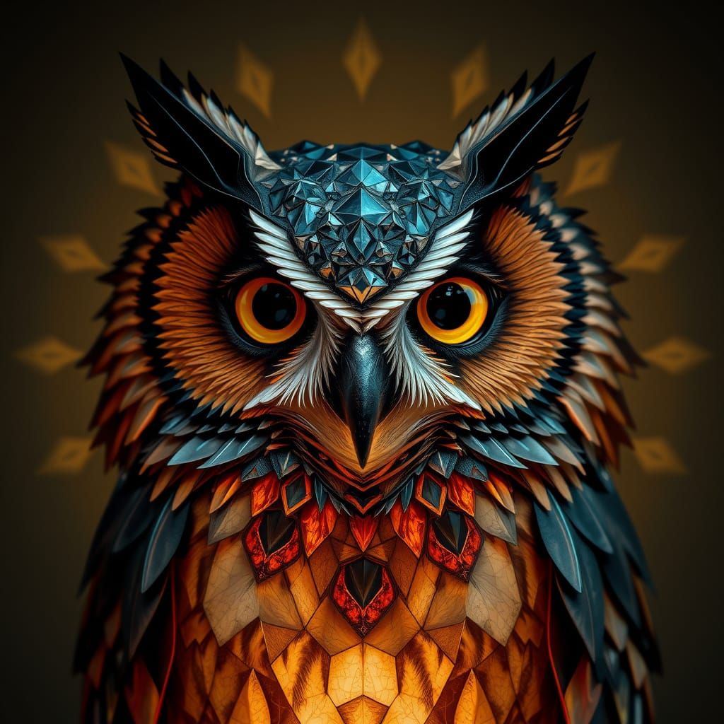 Telepathic Owl in Geometric Stained Glass Architecture