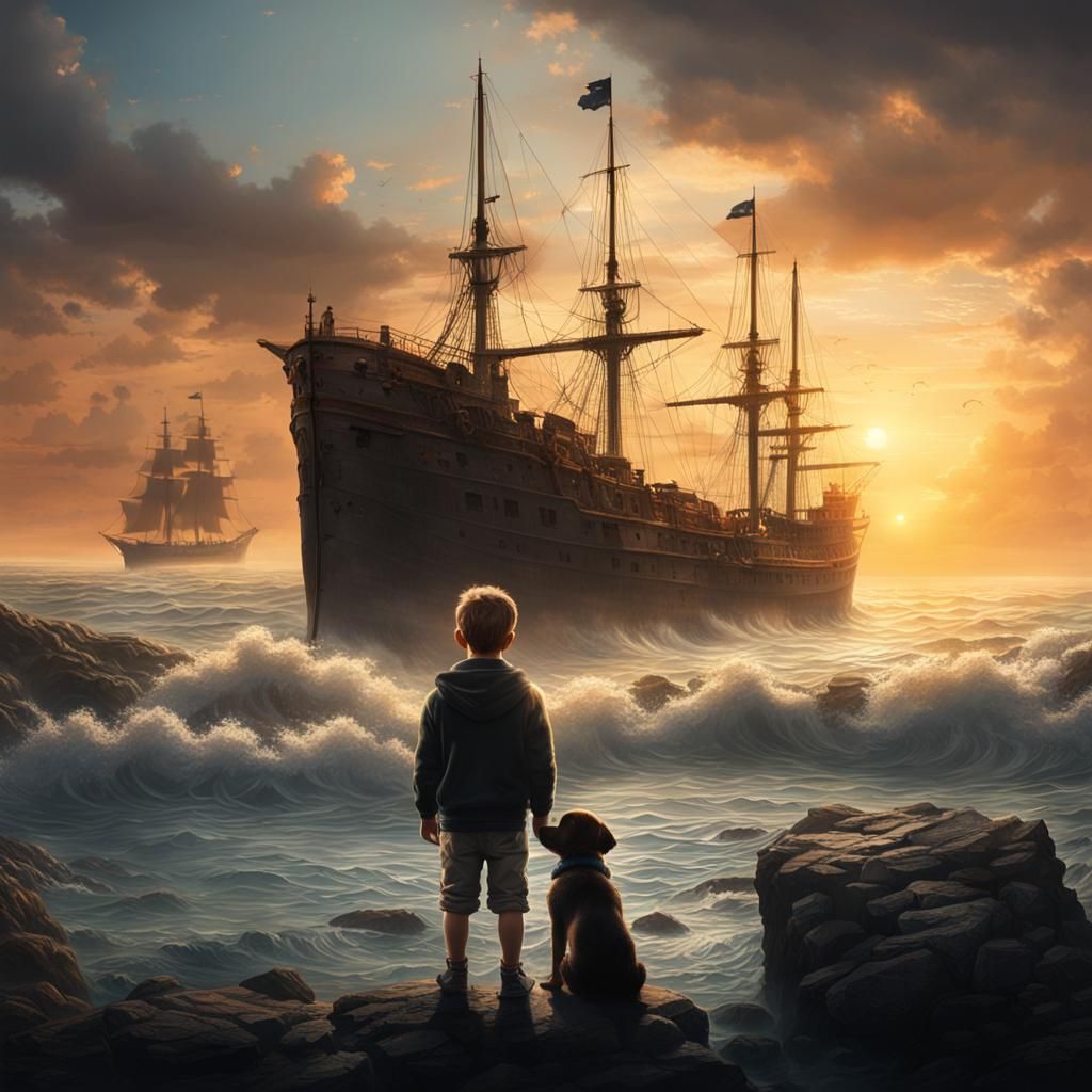 Ship Silhouette at Sunrise with Boy and Dog on Rocks