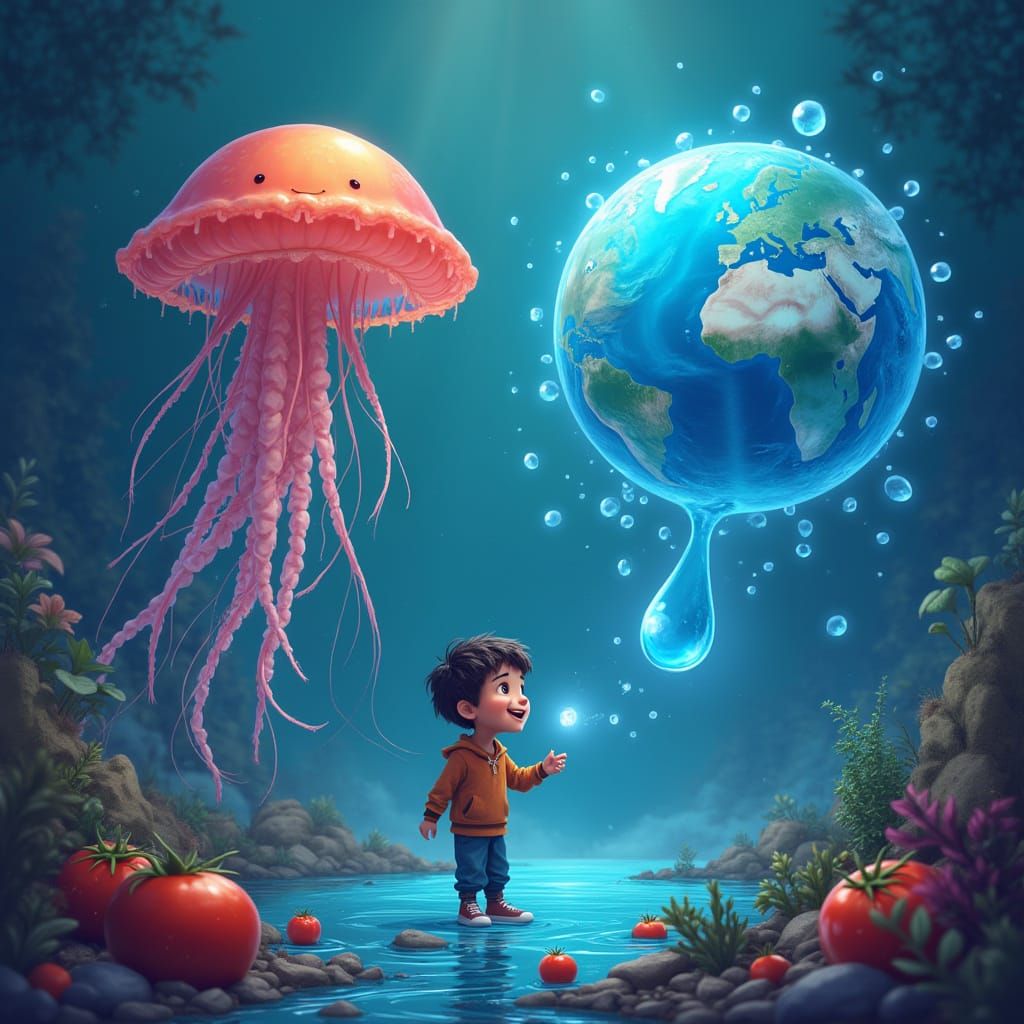 Cartoon Jellyfish and Boy in Matte Painting Style