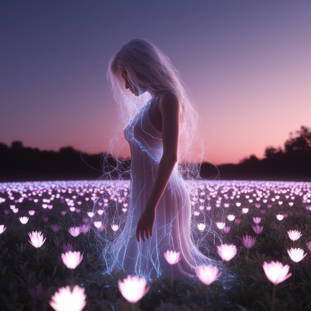 Bioluminescent Twilight: Woman in a Glowing Field