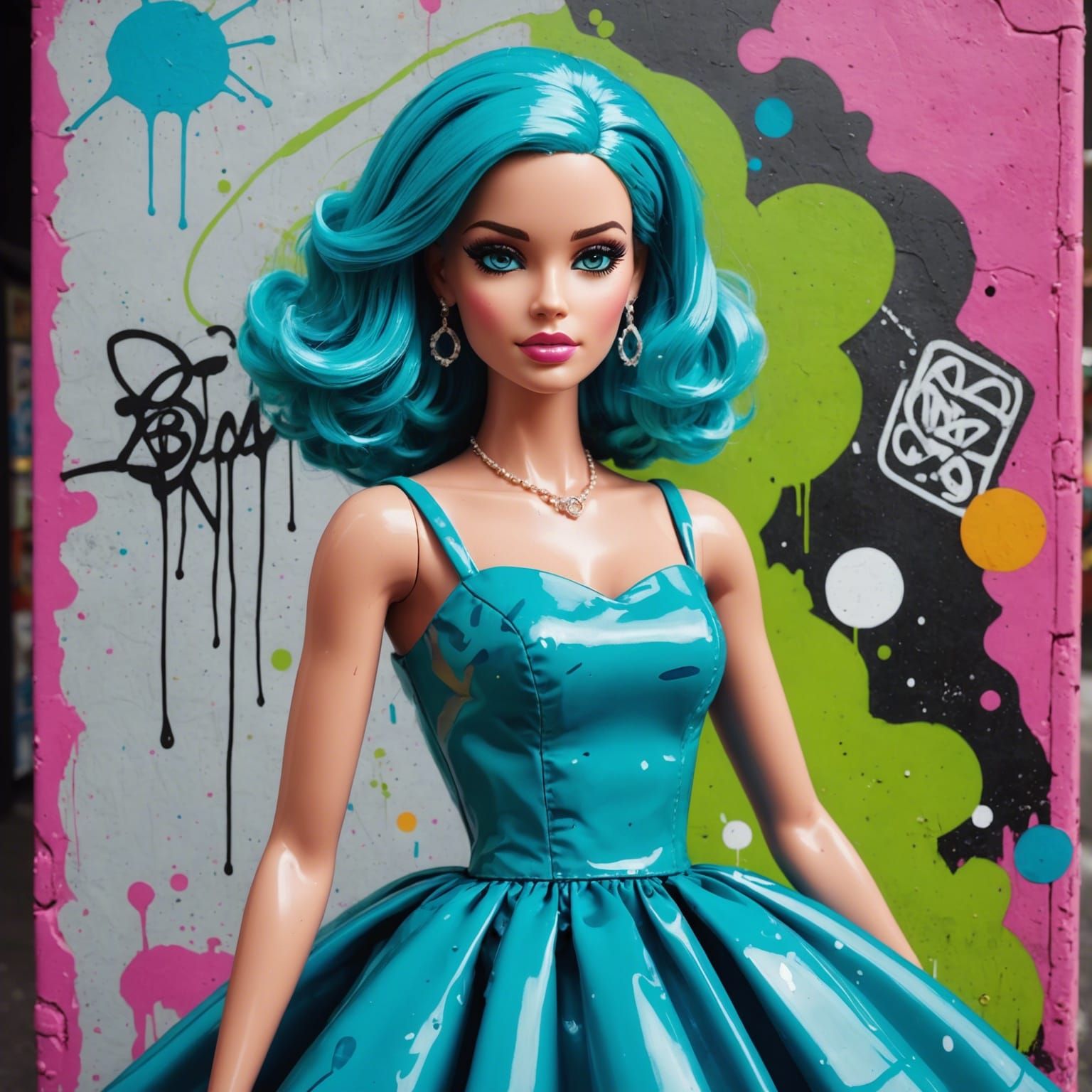 A Barbie doll with turquoise hair, and green eyes, wearing a...