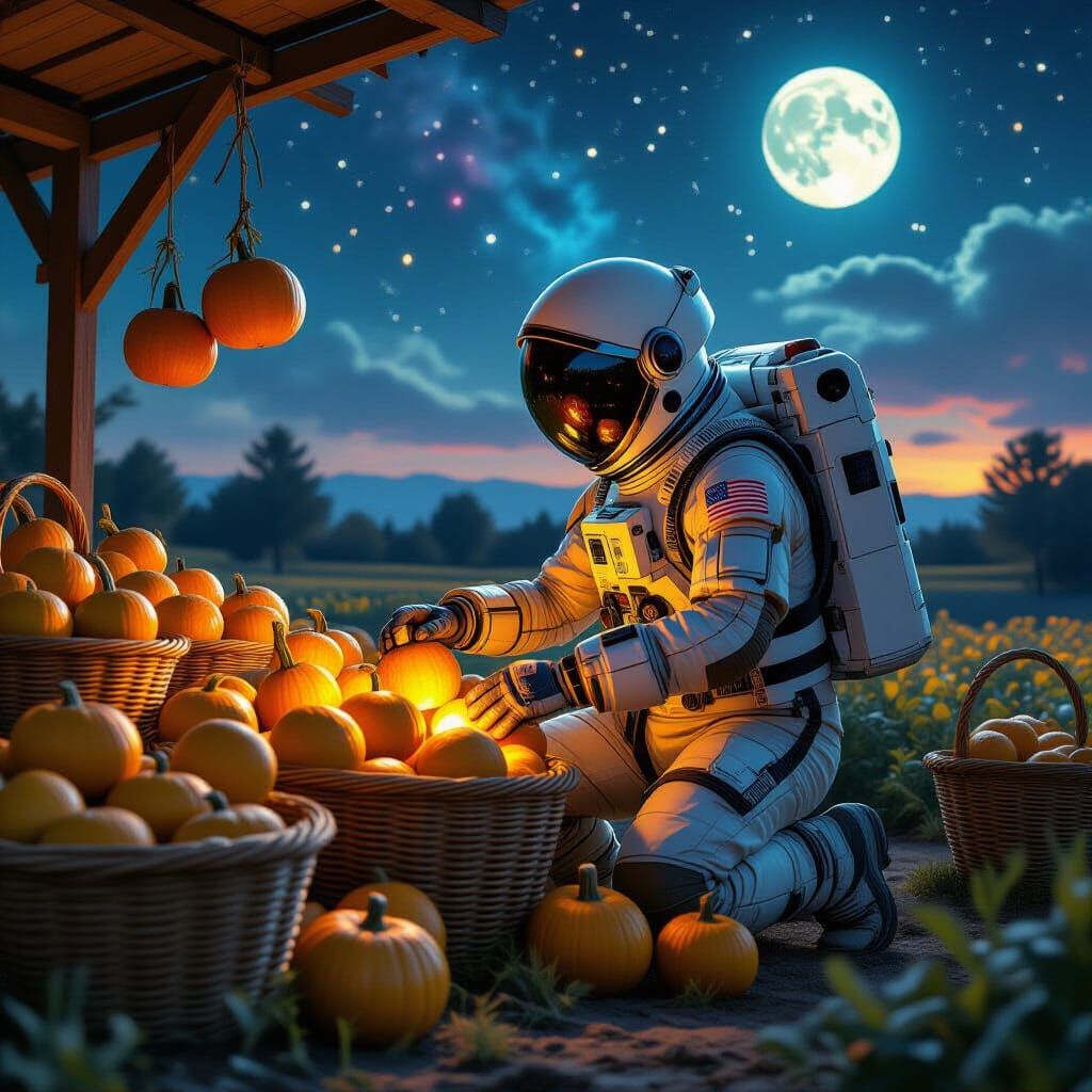 Astronaut's Alien Farmstand Under Nebula Sky