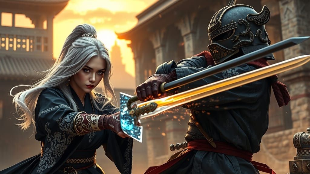 Elegant Samurai Duel in Ancient Castle Ruins