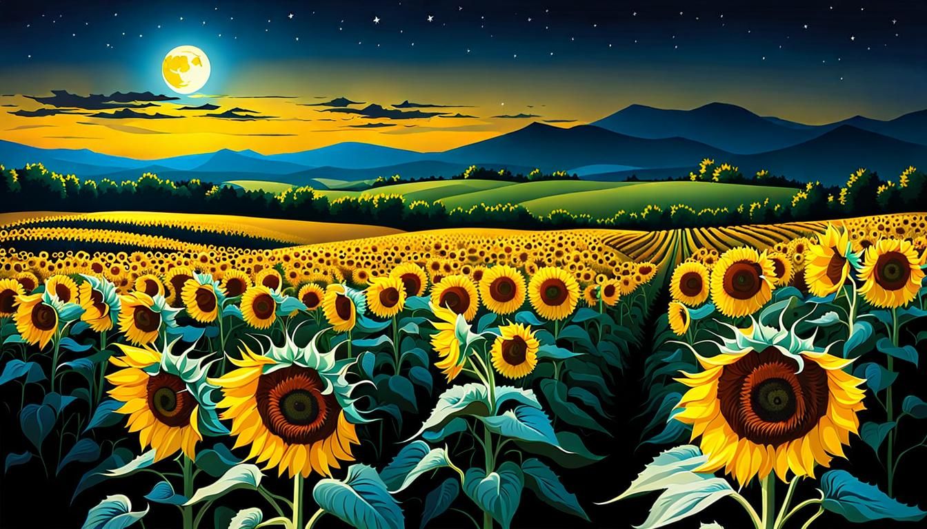 sunflowers field under moonlit sky