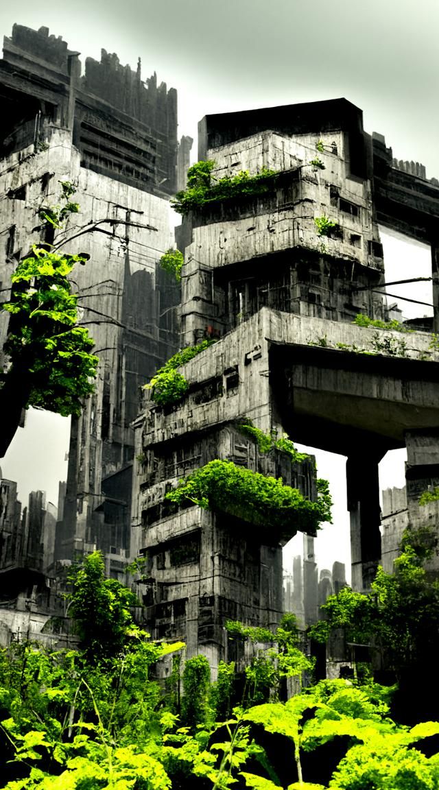 Dystopian Cityscape in a Futuristic Jungle