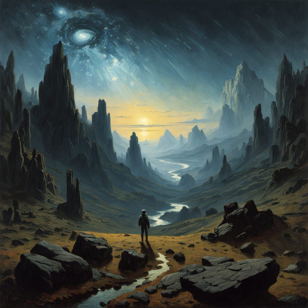 Astronaut on Alien Planet with Cosmic Fireworks