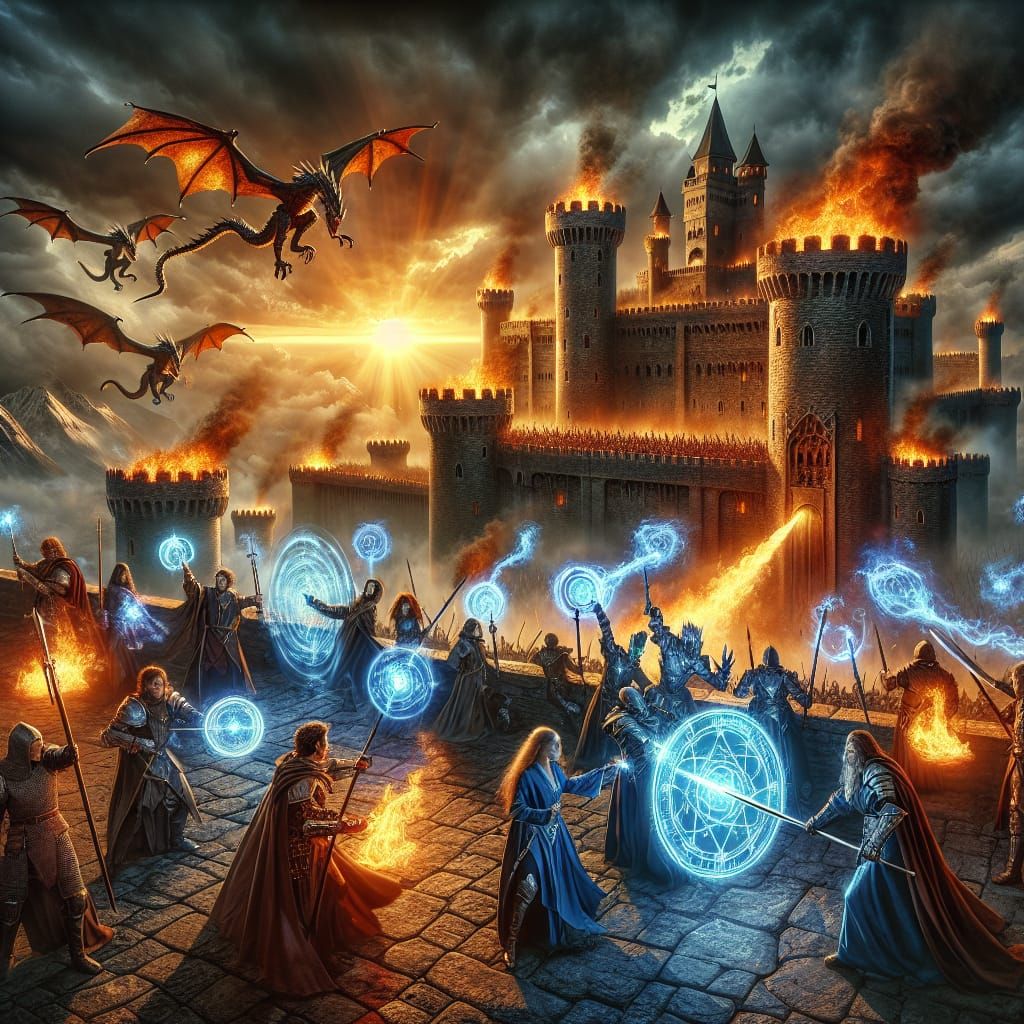 Medieval Castle Under Siege by Menacing Dragons in a Cyberpu...