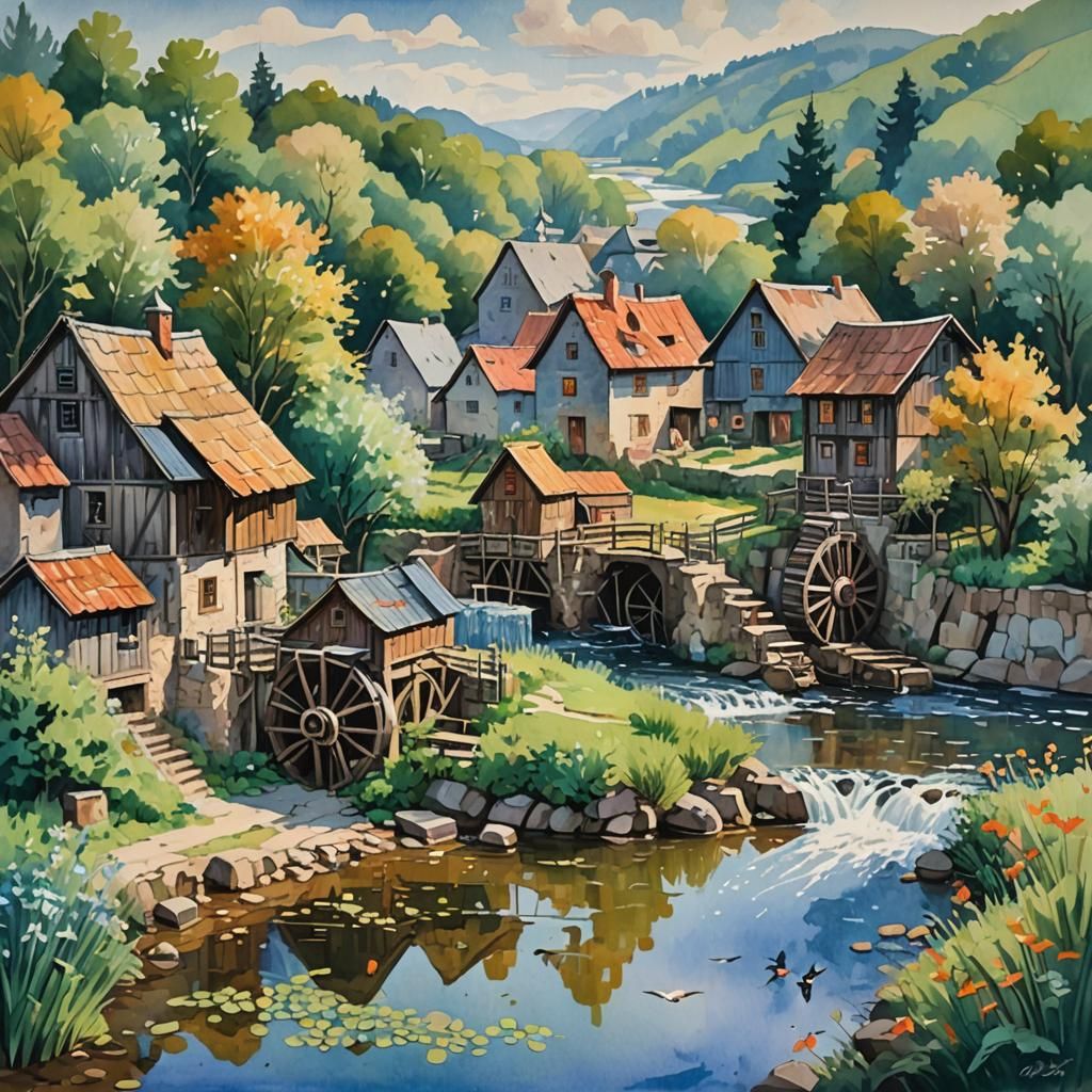 A Sunny Morning in a Bustling Gouache Village