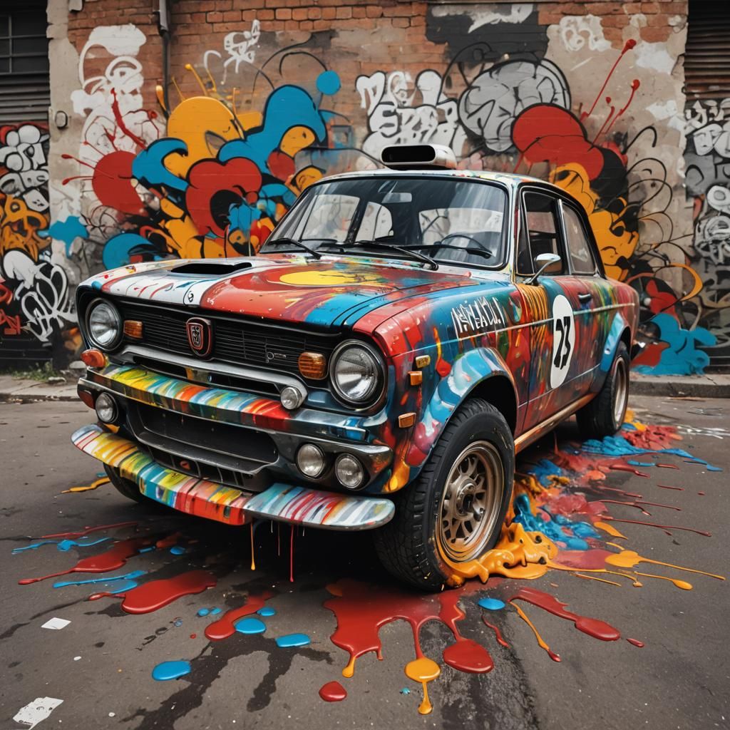 Vintage Fiat 124 Abarth Rally Car in Vibrant Graffiti Art