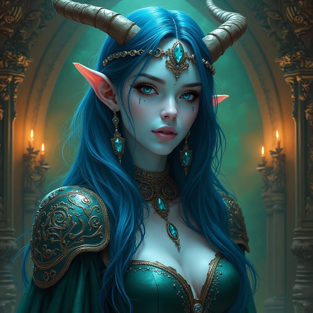 Ethereal Drow Enchantress in Luxurious Fantasy Dungeon