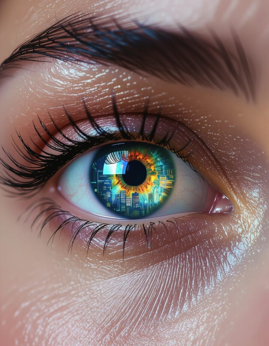 Cyberpunk Eye Reflecting Neon Metropolis in Macro