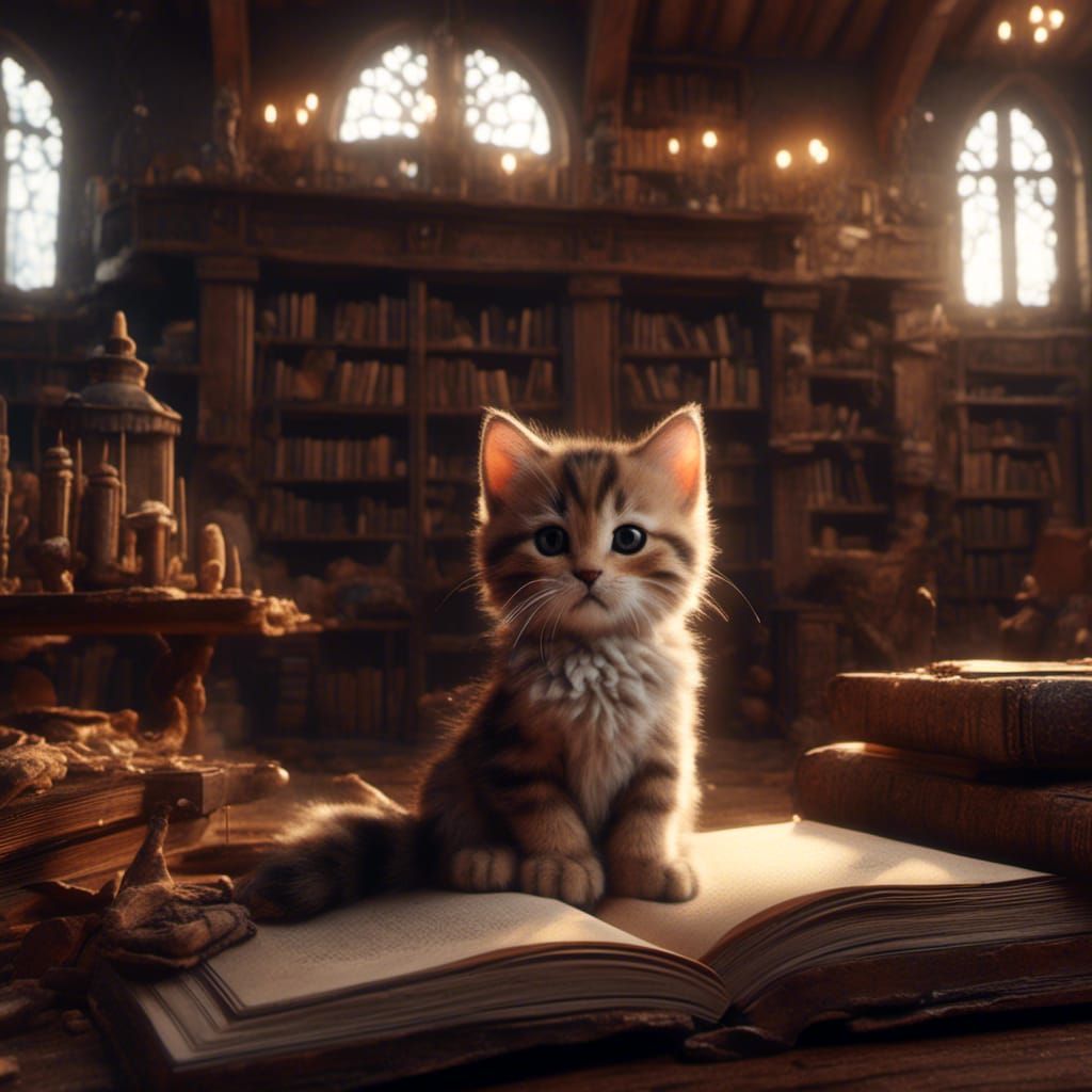 Whimsical Tabby Kitten in a Fantastical Rustic Library