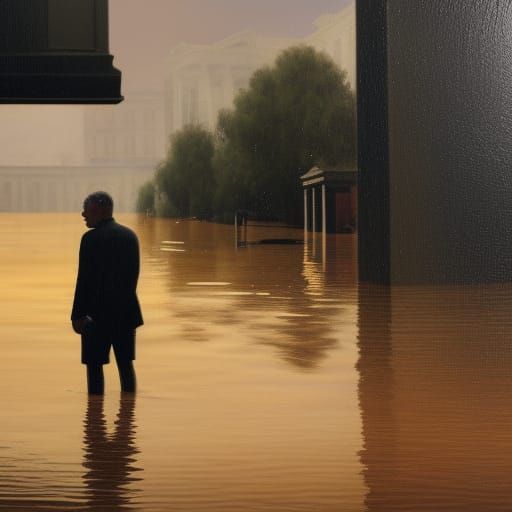 A Middle Aged Man in a Flooded Neoclassical Street, Surround...