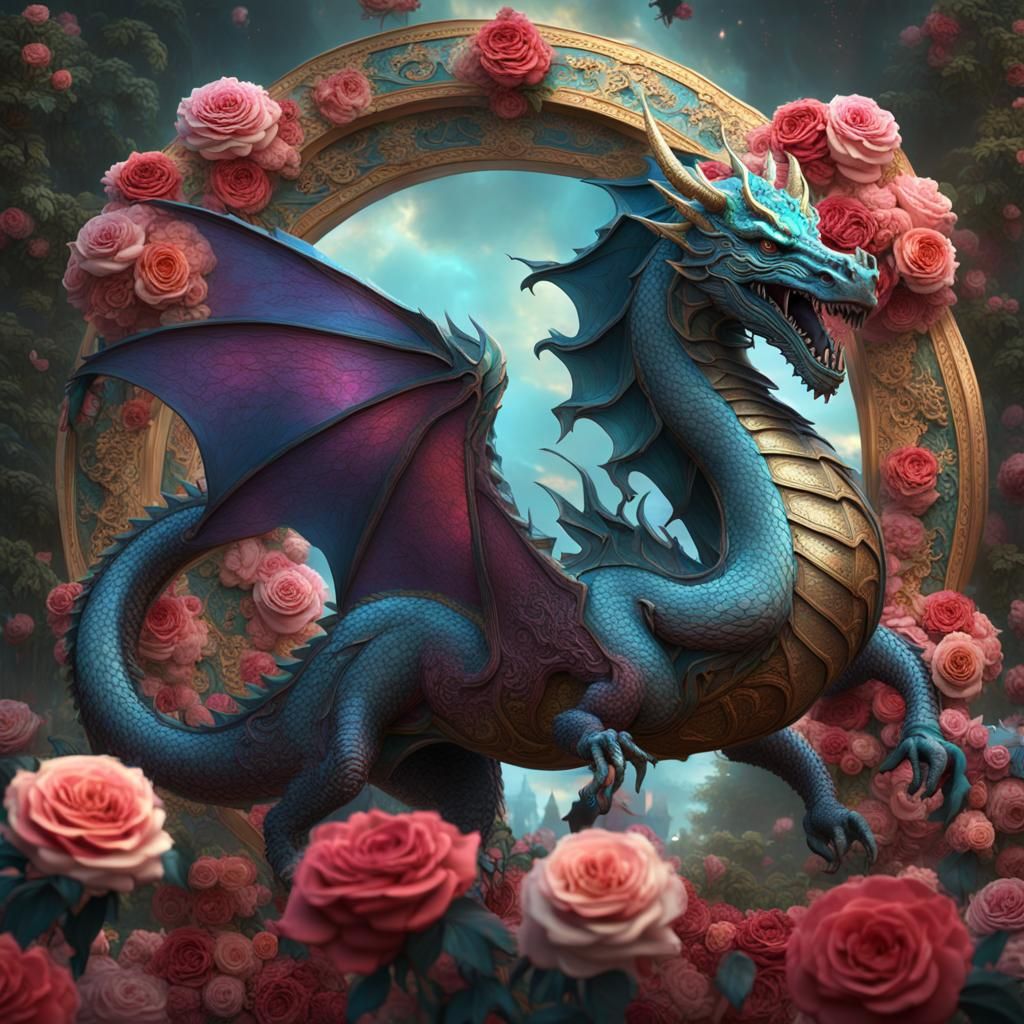Iridescent Dragon Adorned with Roses in Fantastical Detail
