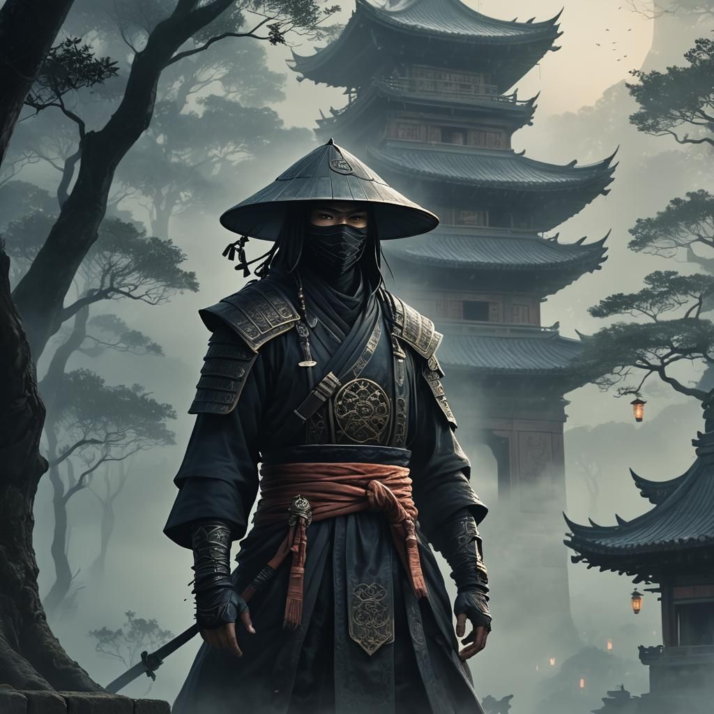 Stealthy Ninja Amidst Mystical Pagoda