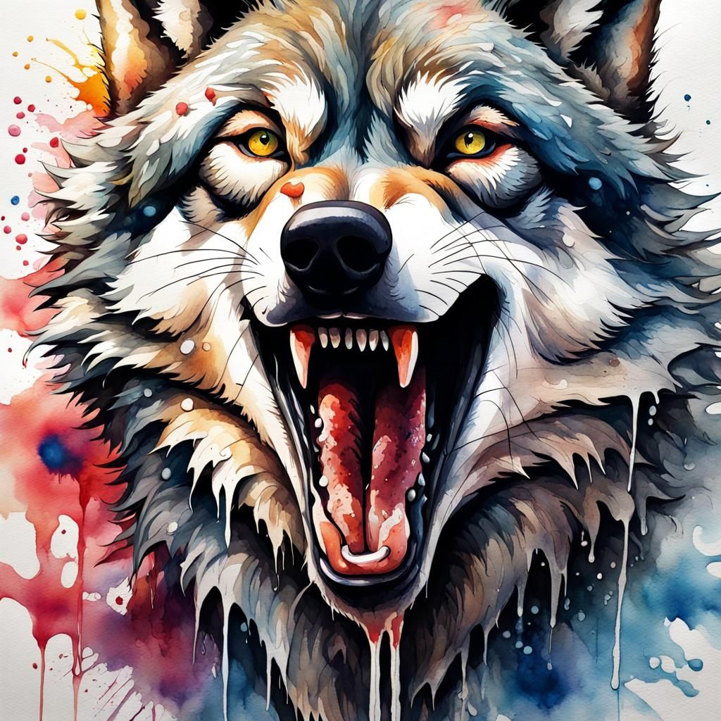 Realistic Watercolor Wolf Roars in Vivid Polychromatic Color...