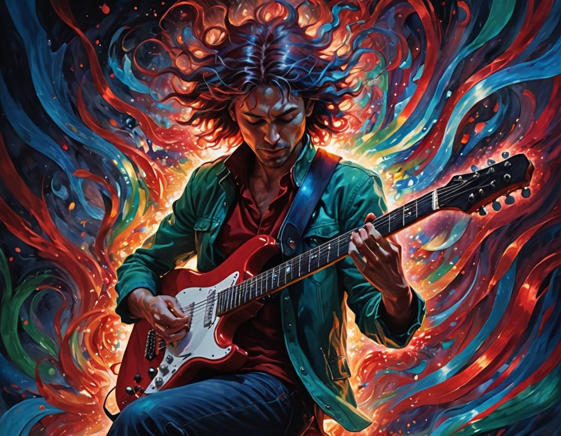 Cyberpunk Guitarist Blazes with Vibrant Energy