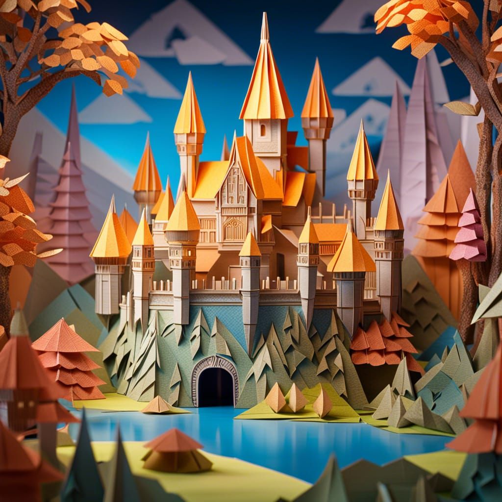 Origami Castle Paradise in Vibrant Fantasy Concept Art