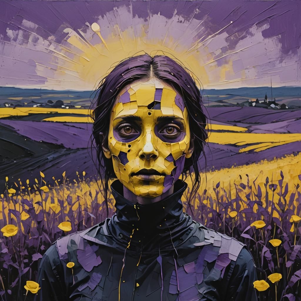 Surreal Figure Dances at Edge of Vibrant Yellow Field