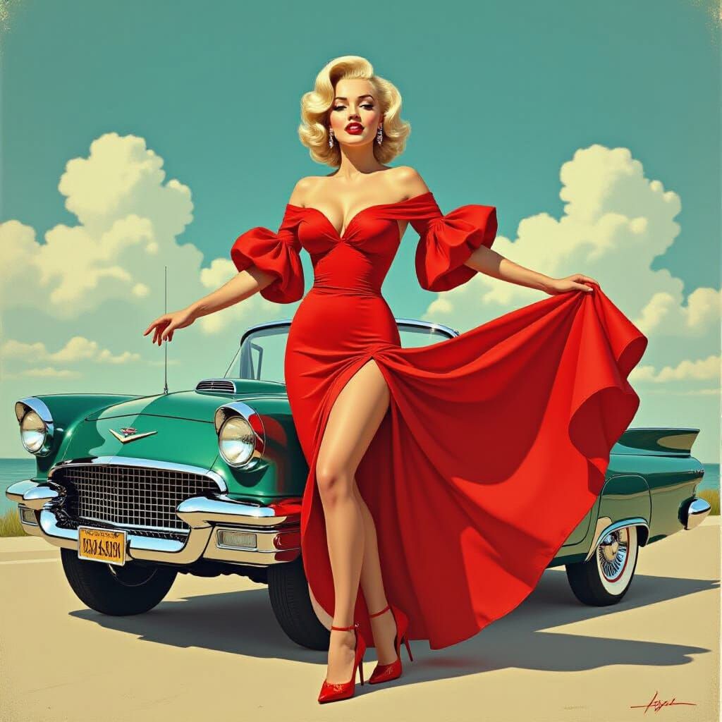 Glamorous Woman in Red Gown: Retro-Futuristic Pin-Up