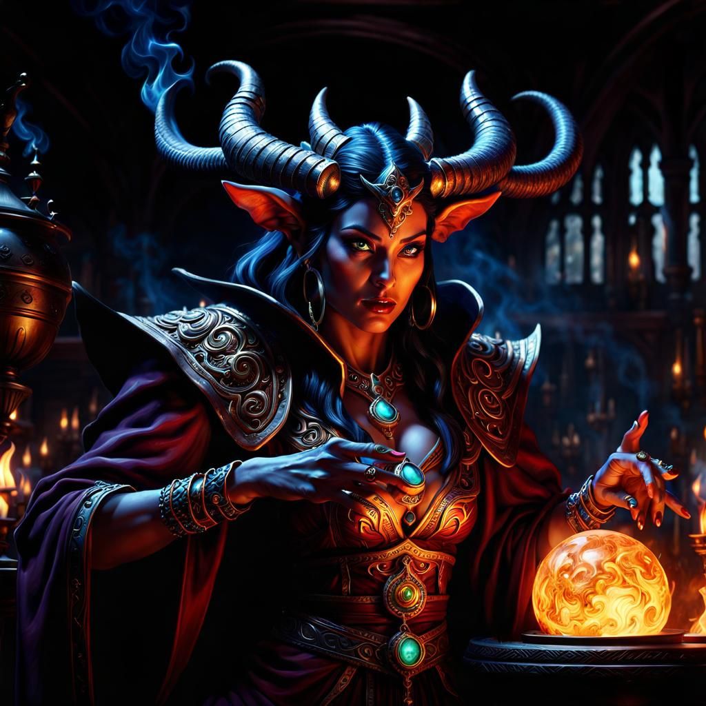 Elegant Tiefling Sorceress Wields Vapor Spheres in Tavern