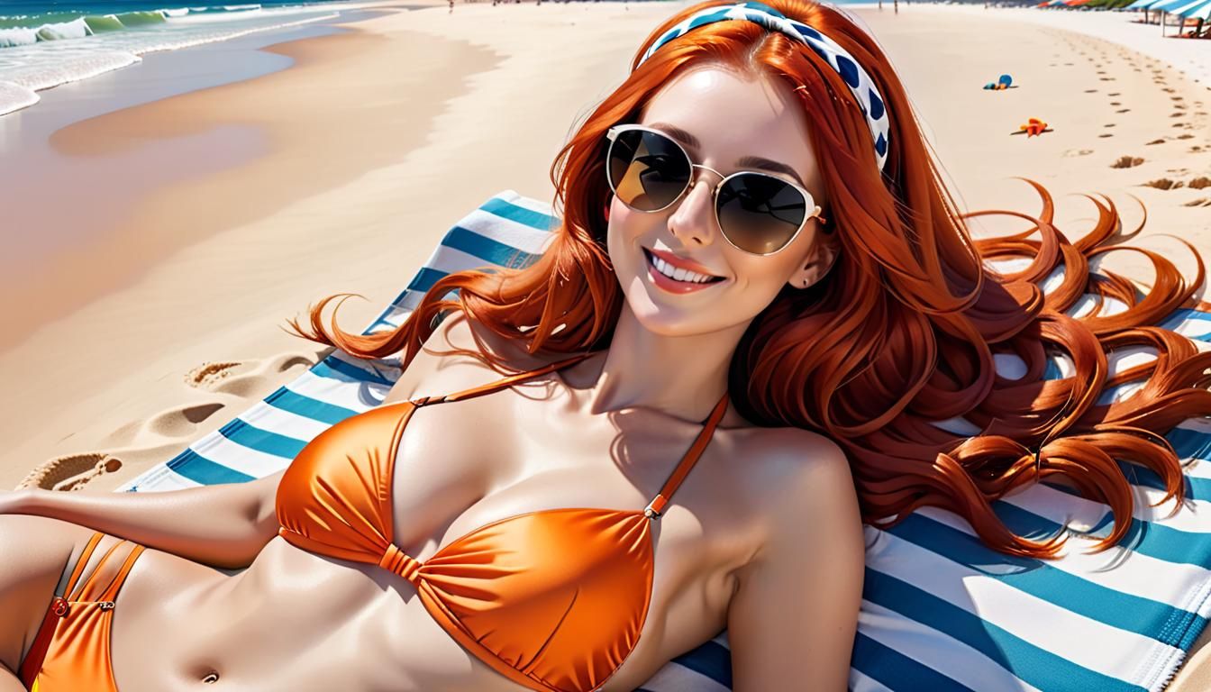 Hyperrealistic Portrait of a Red-Haired Beauty Lying on a Be...