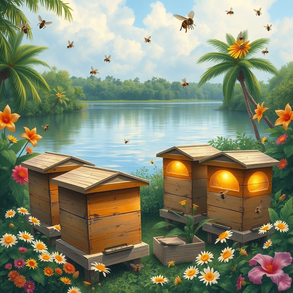 Idyllic Florida Lakeside Apiary Scene in Warm, Inviting Colo...