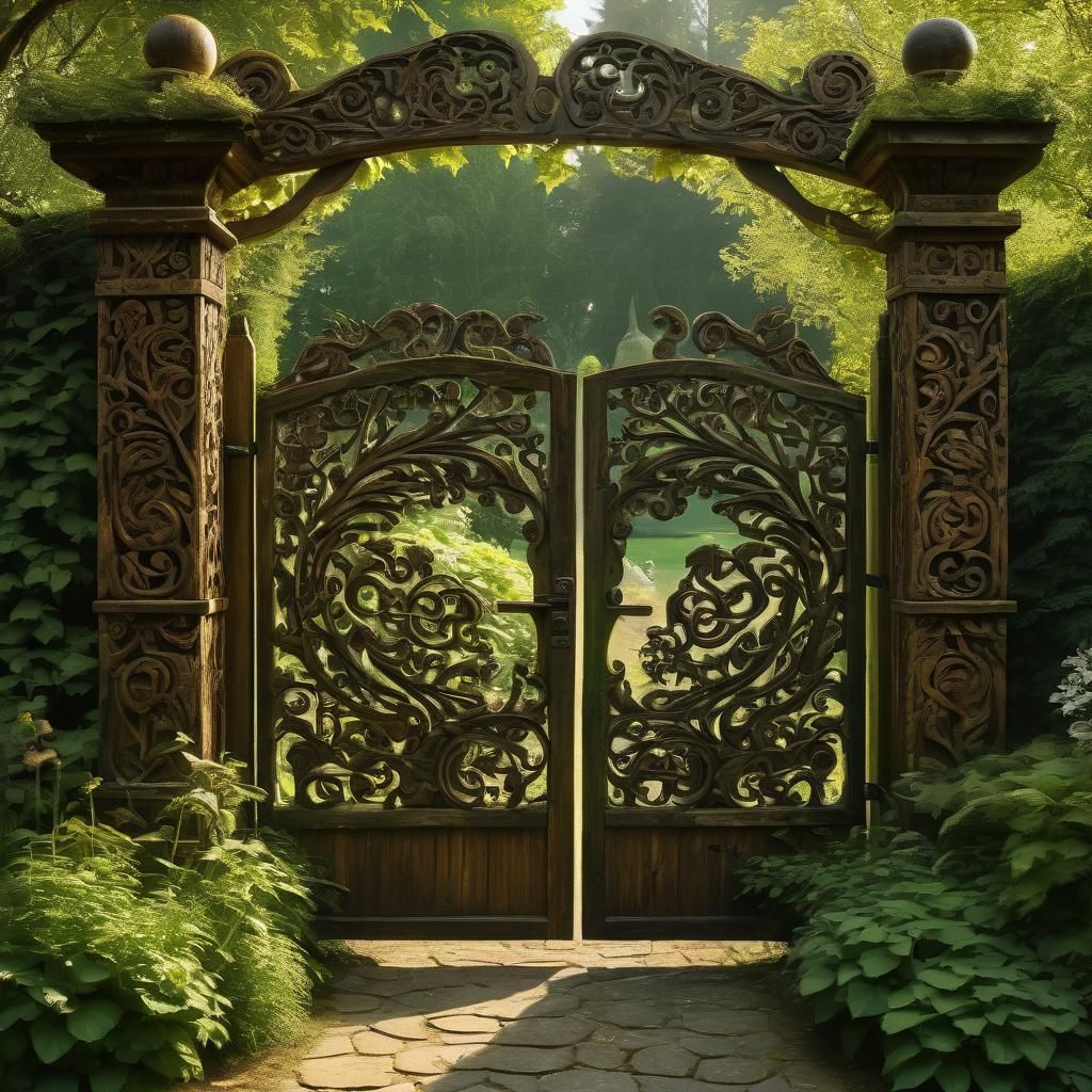 Whimsical Wooden Gate in an Idyllic Garden Scene