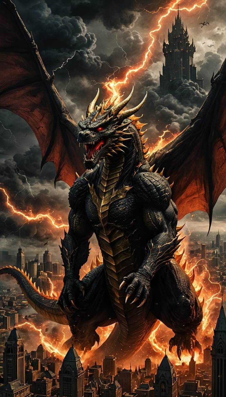 Dark Fantasy King Ghidorah Dominates a Cityscape with Red Li...
