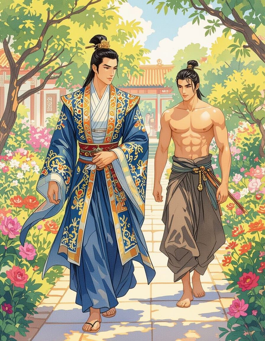 Regal Asian Prince in Palace Garden, Silk Painting Style