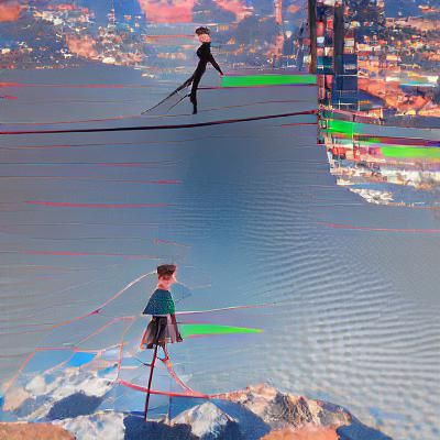 Acrobatic Figure Straddles High Wire in Neon Cityscape at Ni...