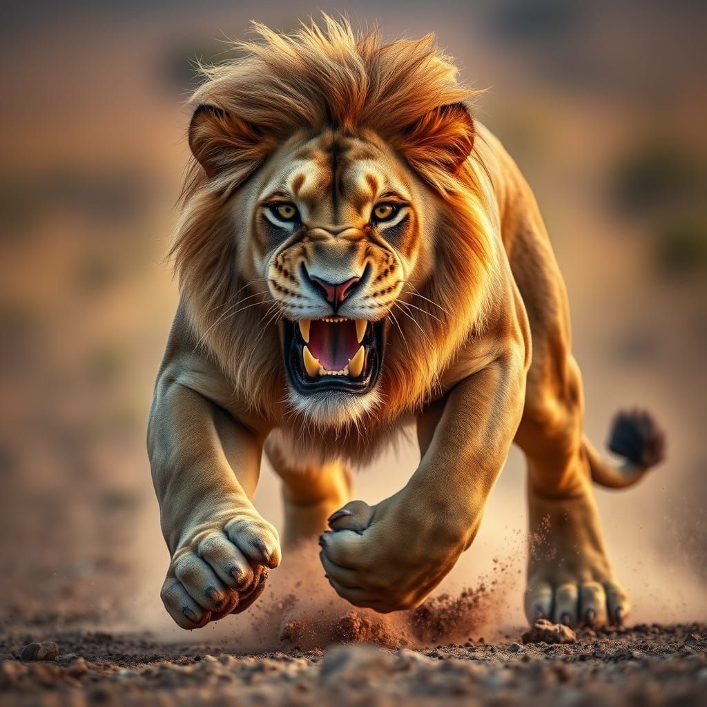 Lion in Mid-Pounce, Hyperrealistic Portrait