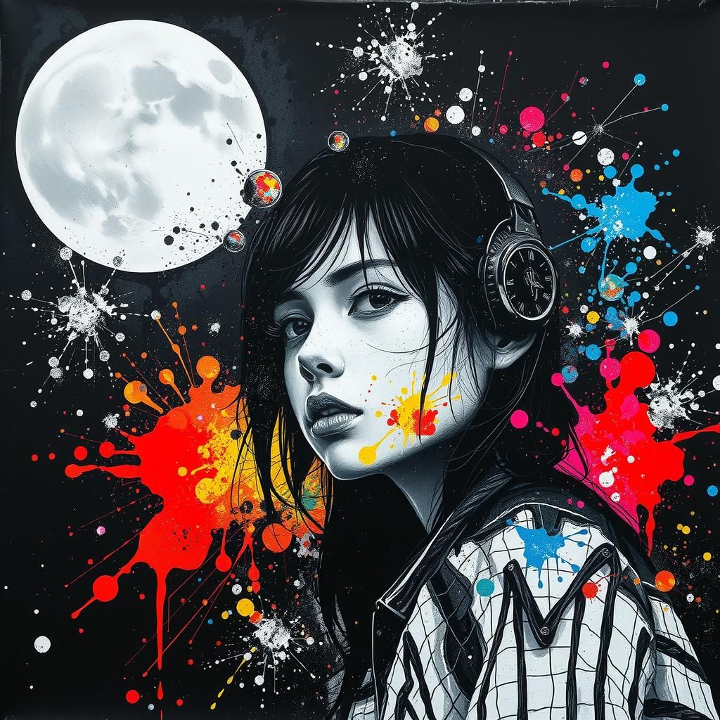 Monochrome Girl Painting in Retro Movie Poster Style